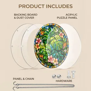 Acrylic puzzle suncatcher with tropical leaf design, complete with backing board, chain and hardware.