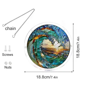 Pendentif attrape-soleil puzzle acrylique rond motif vagues ocean, 18,8 cm avec chaine et vis.