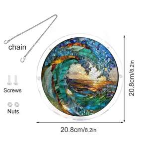 Attrape-soleil puzzle acrylique vague avec chaîne et vis, déco suspendue ronde 8,2 pouces.
