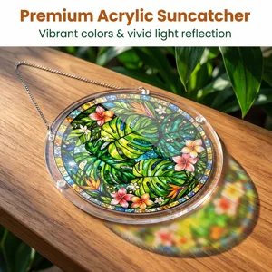 Premium acrylic suncatcher featuring vibrant tropical leaves pattern with hanging chain for window decor