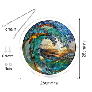 Détail attrape-soleil puzzle acrylique vague 28cm avec chaîne et accessoires de fixation.