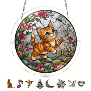 Stained glass acrylic kitten suncatcher detail view, beautiful hanging window decor for home.