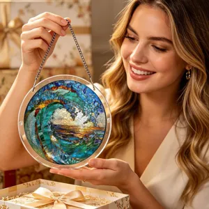 Capteur de soleil puzzle en acrylique decoration murale avec motif de vagues oceaniques.
