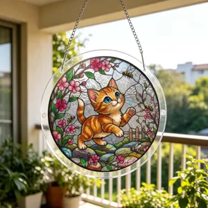 Stained glass style orange cat suncatcher acrylic hanging window decoration with chain.