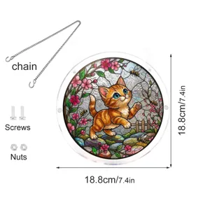 Acrylic stained glass cat suncatcher detail with hanging chain, screws and nuts size view.