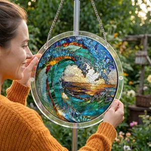 Vue detaillee attrape-soleil puzzle acrylique rond motif vagues pour deco de fenetre.