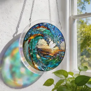 Beau pendentif attrape-soleil vague en acrylique style vitrail pour decoration fenetre.