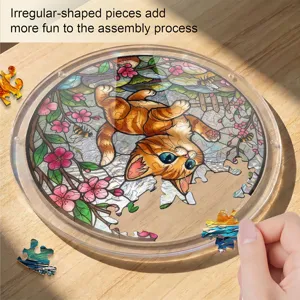 Round acrylic cat puzzle with stained glass design, fun irregular pieces for home decor.