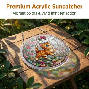 Premium acrylic suncatcher with vibrant stained glass cat design for window home decor.
