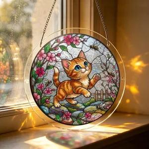 Stained glass style acrylic suncatcher featuring a cute orange cat and lovely flowers decor piece.