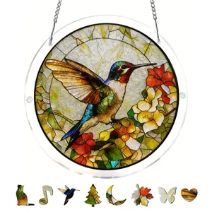 Stained acrylic hummingbird suncatcher puzzle hanging decor with unique shaped pieces for window.