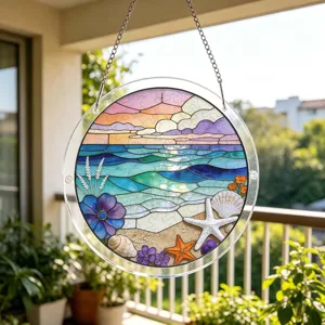 Vue détaillée du capteur de soleil puzzle en acrylique rond suspendu avec décor de plage.