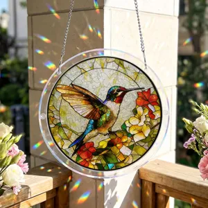 Colorful acrylic hummingbird suncatcher window hanging decorative ornament with chain.