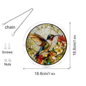 Acrylic hummingbird suncatcher window hanging detail view with chain and screws 18.8cm size