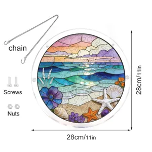 Attrape-soleil puzzle en verre teinté acrylique rond avec plage, chaîne et vis 28cm