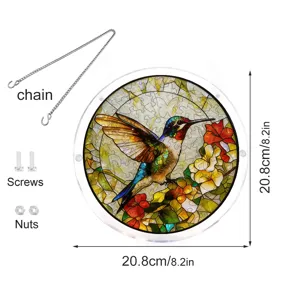 Acrylic hummingbird suncatcher detail, round stained glass style window hanging with chain.