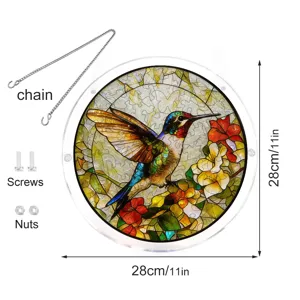Stained glass hummingbird acrylic suncatcher window hanging puzzle with chain and screws.