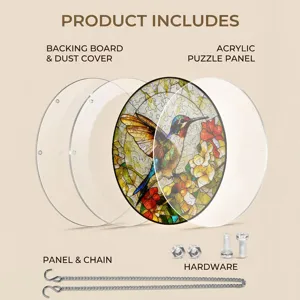 Round acrylic hummingbird puzzle suncatcher hanging decor with chain and hardware included.
