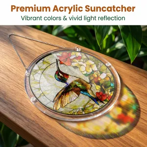 Detailed view of the hummingbird acrylic suncatcher showing vibrant stained glass effect.