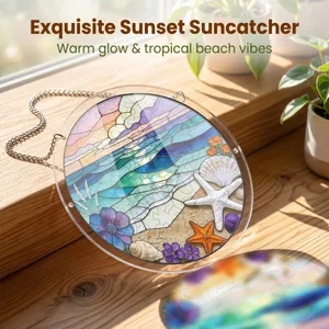 Exquis capteur de soleil en acrylique rond avec un superbe design de plage au coucher du soleil.