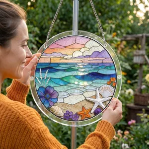 Pendentif suspendu puzzle attrape-soleil en acrylique avec plage coucher de soleil et coquillages.