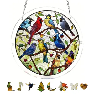 Acrylic bird suncatcher puzzle window hanging detail view, colorful stained glass style decor.