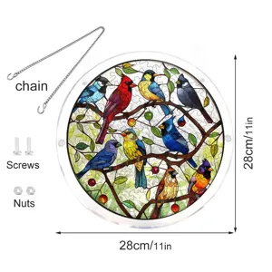 Round stained glass suncatcher bird window hanging acrylic panel with chain and screws 28cm