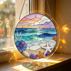 Suspension attrape-soleil en acrylique puzzle avec beau design de coucher de soleil et coquillage.