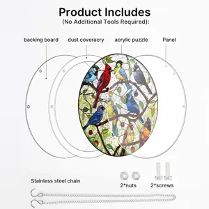 Acrylic bird suncatcher window hanging puzzle component display diagram with chain and screws
