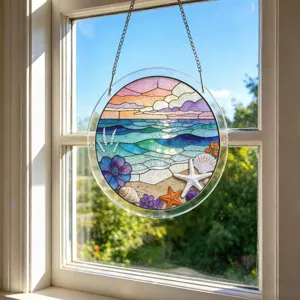 Suspension de fenetre puzzle en acrylique attrape-soleil, decor plage et coucher de soleil.