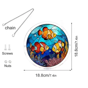 Pendentif attrape-soleil puzzle clownfish en acrylique style vitrail rond avec chaîne et vis déco.