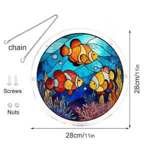 Attrape-soleil rond en acrylique style vitrail motif poisson-clown, 28cm avec chaine.