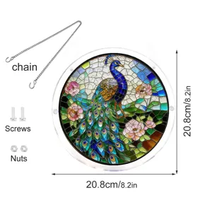 Acrylic peacock suncatcher window hanging with chain screws and beautiful floral mosaic design.