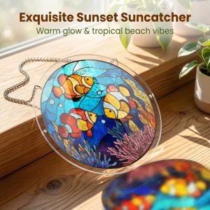 Attrape Soleil Vitrail Acrylique Suspension Fenetre avec Poissons Clowns Corail Plage