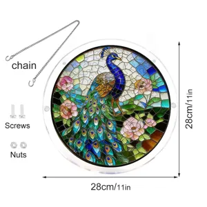 Acrylic peacock suncatcher window hanging with chain and screws 28cm round home decor item