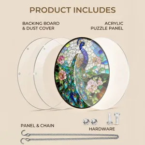 Acrylic peacock suncatcher puzzle window hanging panel with backing board hardware chain set.