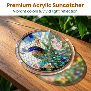 Acrylic peacock suncatcher detail view, vibrant stained glass style window hanging decor.
