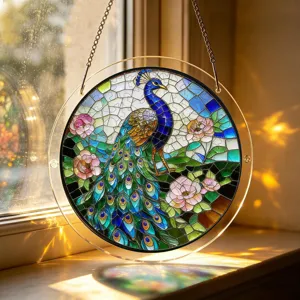 Stunning acrylic peacock suncatcher detail, colorful stained glass window hanging decor.