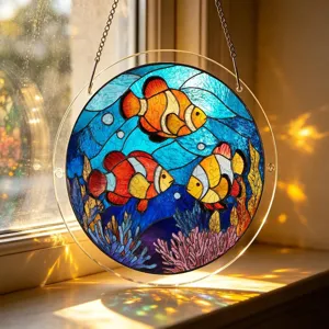 Suspension fenetre vitrail acrylique poisson clown, magnifique decoration interieure ocean.
