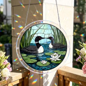 Round acrylic stained glass suncatcher with lovely loons pattern, window hanging decor for home.