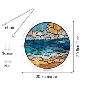 Détail de capteur de soleil océan en verre acrylique avec chaîne et vis de fixation.