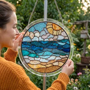 Détail de l'attrape-soleil en acrylique rond avec paysage de plage et d'océan pour jardin.