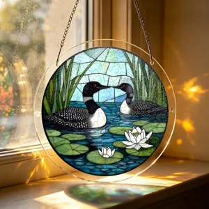 Stained glass style acrylic loon suncatcher hanging decor featuring vivid lake wildlife.