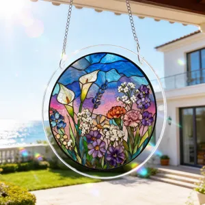 Stained acrylic floral suncatcher window hanging pendant for home decor and garden sun light capture.