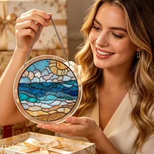 Gros plan détaillé du capteur de soleil en acrylique avec un design de plage et d'océan.