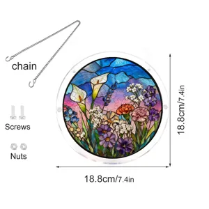Acrylic stained glass floral suncatcher detail showing dimensions and hanging chain accessory.