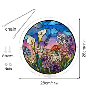 Stained glass style acrylic window hanging suncatcher with floral design, 28cm size with chain.