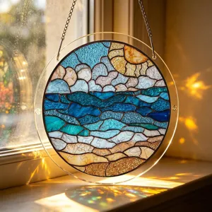 Suspension attrape-soleil en acrylique puzzle avec magnifique design mer ciel plage pour fenêtres.