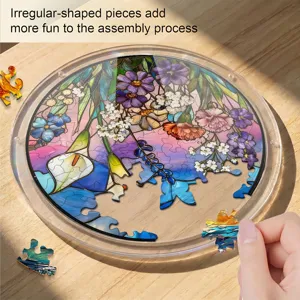 Round acrylic suncatcher puzzle pendant with floral stained glass design for window decor.