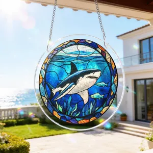 Attrape-soleil rond en acrylique pour fenêtre requin vitrail art de l'océan avec chaîne